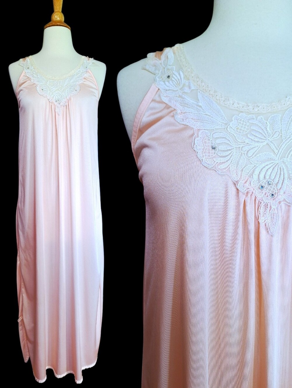 Vintage 70s 80s Maxi Slip Dress Sz Med Lace Rhinestone Pink Coquette Soft Girl